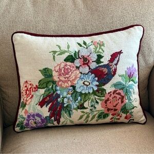 Floral Needlepoint Pillow with Bird Design